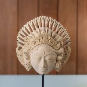 Topeng Janger Bali Natural on Stand hand-carved Pangarbuaya wood mask with iron base, 26cm tall