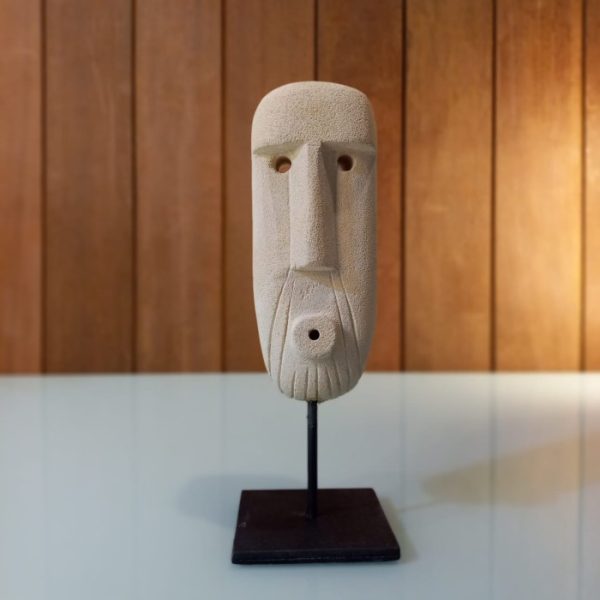 Tribal Mask Desk Decor 20cm Handcrafted Batu Paras Stone Ornament with Stand - Image 3
