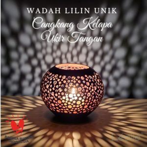 Coconut Shell Candle Holder with dot motif in natural brown finish, includes lava or paras stone stand