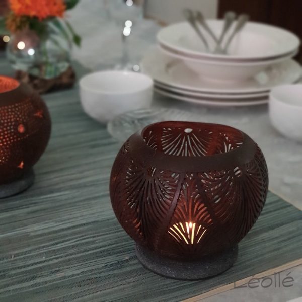 Coconut Shell Decorative Candle Holder with Leaf Motif - Image 5