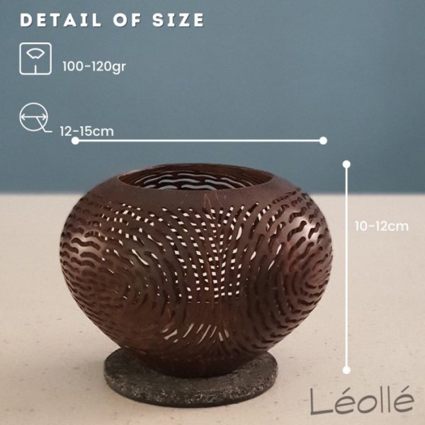 Coconut Shell Unique Candle Holder with Circular Line Motif - Free Lava Stone Coaster - Image 4