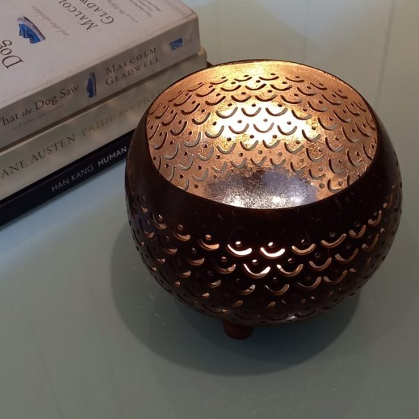 Coconut Shell Tea Light Holder with handmade silver and gold Prada finish on natural shell base