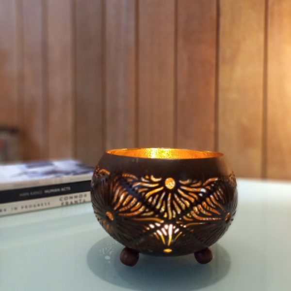 Coconut Shell Tea Light Holder  Handmade Silver & Gold Prada Decor from Natural Shell - Image 6
