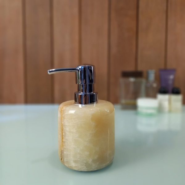 Luxury Onyx Fossil Soap Dispenser 150ml round yellow stone accessory with textured finish Let me know if you want a version in Bahasa Indonesia or bundle this with matching tray sets or tumblers for a complete hospitality collection!