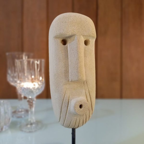 Tribal Mask Desk Decor 20cm Handcrafted Batu Paras Stone Ornament with Stand - Image 5