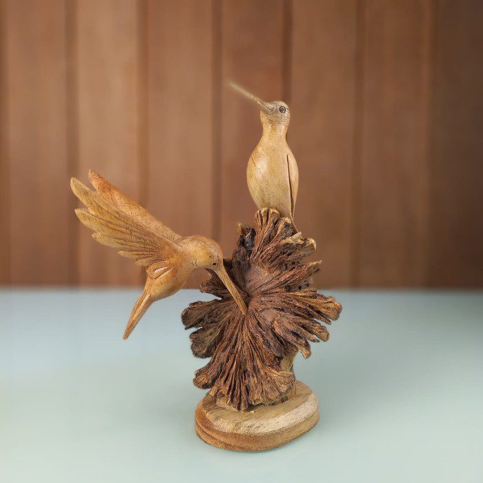 pair of birds display statue and flying Balinese wood carving handmade in Bali – healing gift sculpture