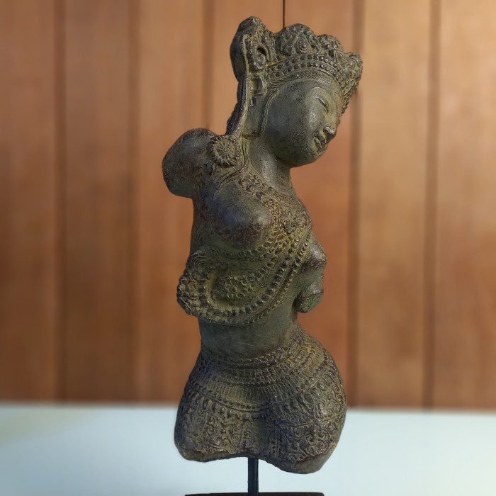 Bali Dancer Figurine antique stone sculpture of Balinese dancer Tari Pendet on square base