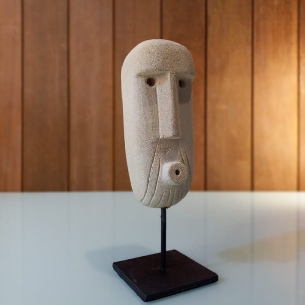 Tribal Mask Desk Decor 20cm Handcrafted Batu Paras Stone Ornament with Stand - Image 2