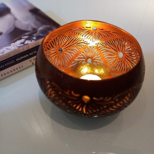 Coconut Shell Tea Light Holder  Handmade Silver & Gold Prada Decor from Natural Shell - Image 5
