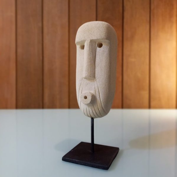 Tribal Mask Desk Decor handcrafted cream sandstone sculpture on stand with tribal motif