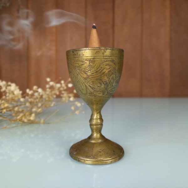 Antique Brass Incense Burner with cone backflow design, solid brass vintage style and white zen pebbles