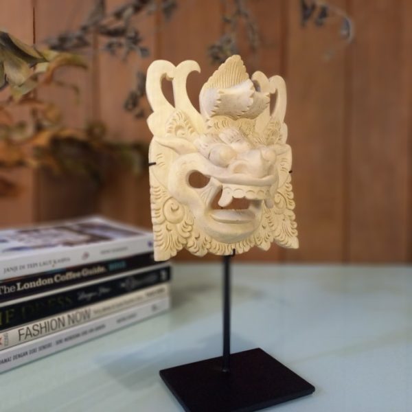 Balinese Barong Mask Statue – Hand-Carved Natural Wood Decor with Iron Stand - Image 4