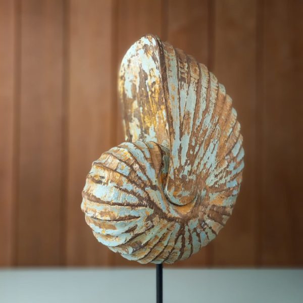 Antique Turquoise Sea Shell Statue – Hand-Carved Wooden Table Decor from Bali - Image 3