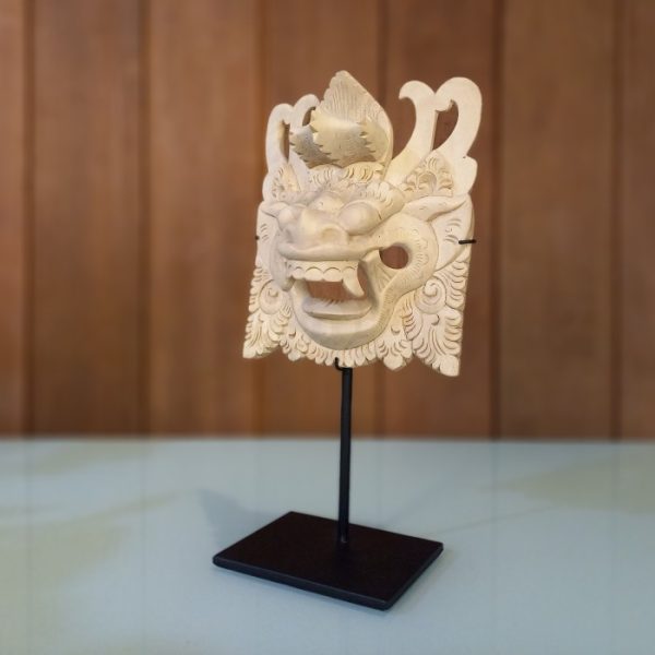 Balinese Barong Mask Statue – Hand-Carved Natural Wood Decor with Iron Stand - Image 6