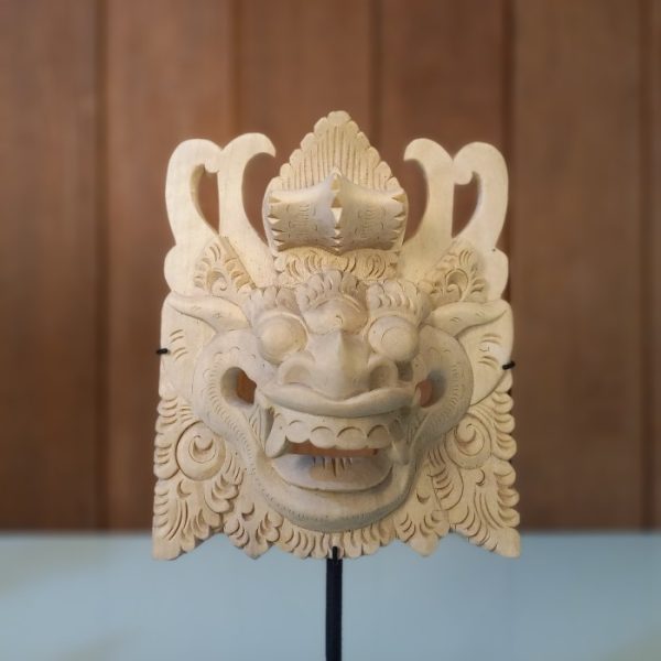 Balinese Barong Mask Statue – Hand-Carved Natural Wood Decor with Iron Stand - Image 9