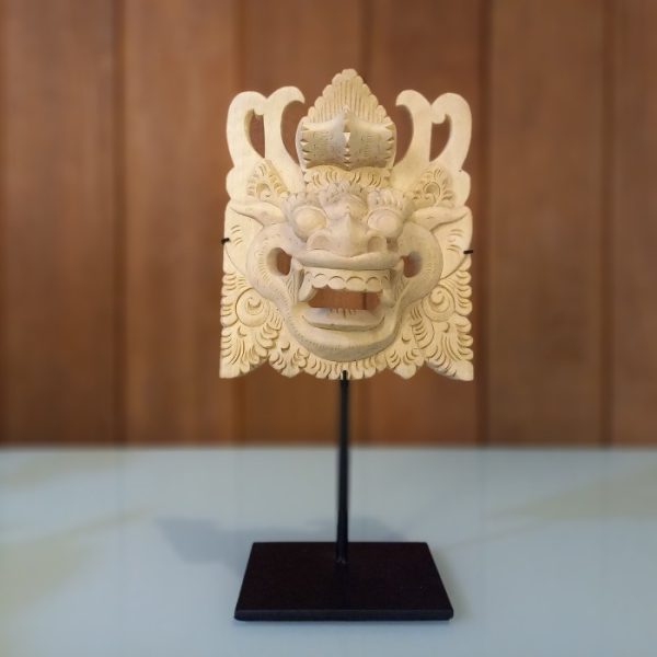 Balinese Barong Mask Statue – Hand-Carved Natural Wood Decor with Iron Stand - Image 2