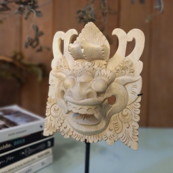 Balinese Barong Mask Statue – Hand-Carved Natural Wood Decor with Iron Stand - Image 3