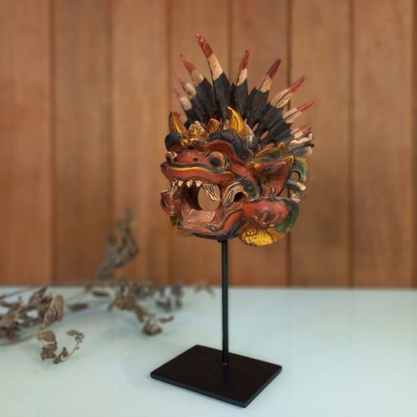 Barong Bali Mask Statue hand-carved wooden mask on black iron stand, 32cm Feng Shui protector decor