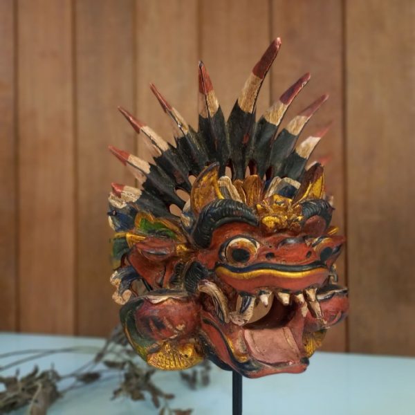 Barong Bali Mask Statue 32cm Hand-Carved Wooden Mask with Iron Stand – Feng Shui Protector Decor - Image 6