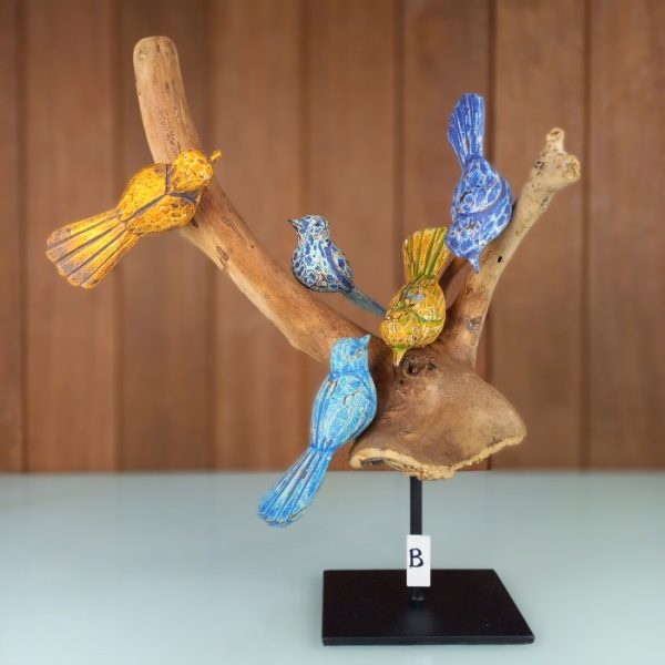 Lucky 5 Singing Birds Decorative Wooden Sculpture on Stand Tree - Image 2