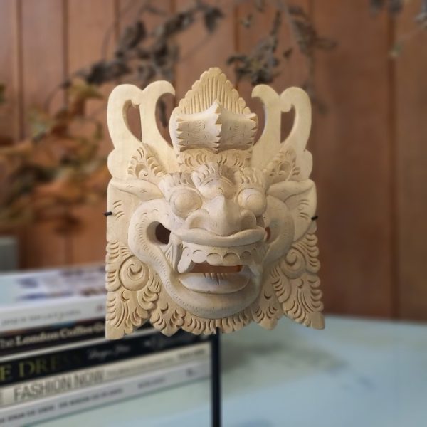 Balinese Barong Mask Statue – Hand-Carved Wooden Decor with Black Iron Stand