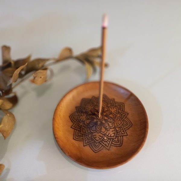 Mandala Wooden Incense Stick Holder 12cm Teak Aromatherapy Plate – Handmade in Bali - Image 5
