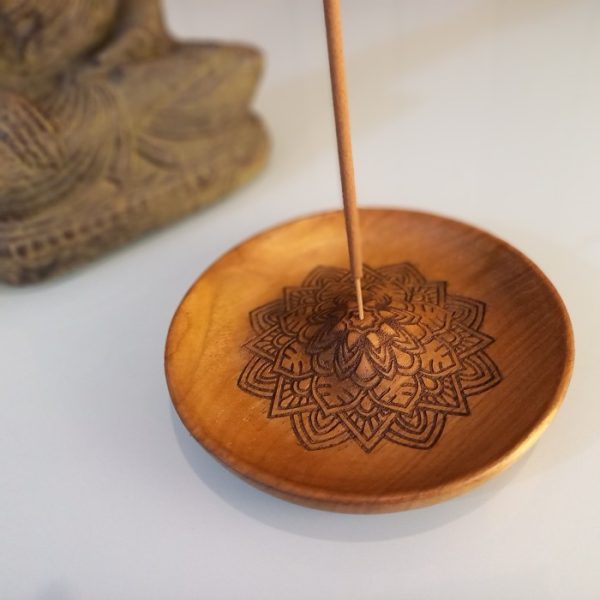 Mandala Wooden Incense Stick Holder 12cm round teak plate with carved mandala motif, handmade in Bali