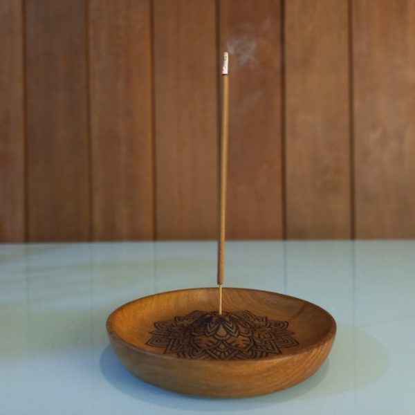 Mandala Wooden Incense Stick Holder 12cm Teak Aromatherapy Plate – Handmade in Bali - Image 3