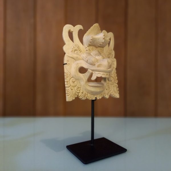 Balinese Barong Mask Statue – Hand-Carved Natural Wood Decor with Iron Stand - Image 5