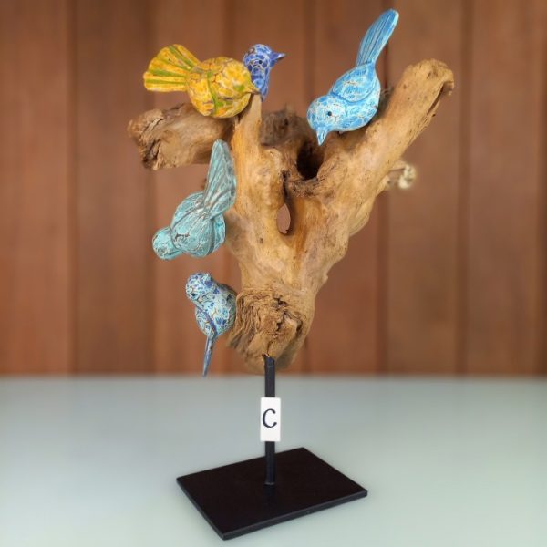 Lucky 5 Singing Birds Decorative Wooden Sculpture on Stand Tree - Image 3
