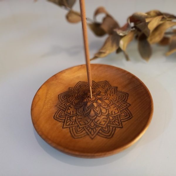 Mandala Wooden Incense Stick Holder 12cm Teak Aromatherapy Plate – Handmade in Bali - Image 2
