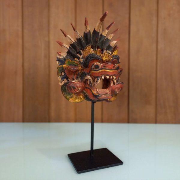Barong Bali Mask Statue 32cm Hand-Carved Wooden Mask with Iron Stand – Feng Shui Protector Decor - Image 7