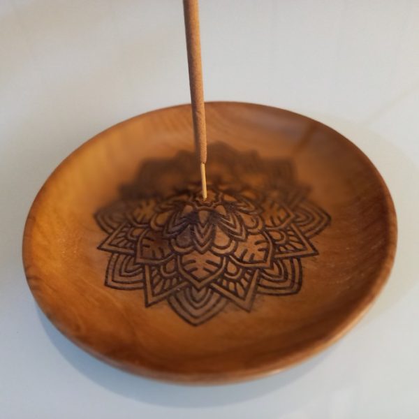 Mandala Wooden Incense Stick Holder 12cm Teak Aromatherapy Plate – Handmade in Bali - Image 4
