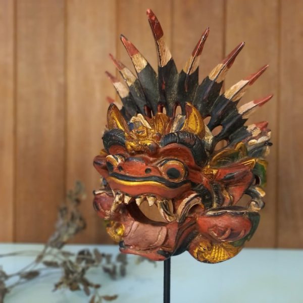 Barong Bali Mask Statue 32cm Hand-Carved Wooden Mask with Iron Stand – Feng Shui Protector Decor - Image 4