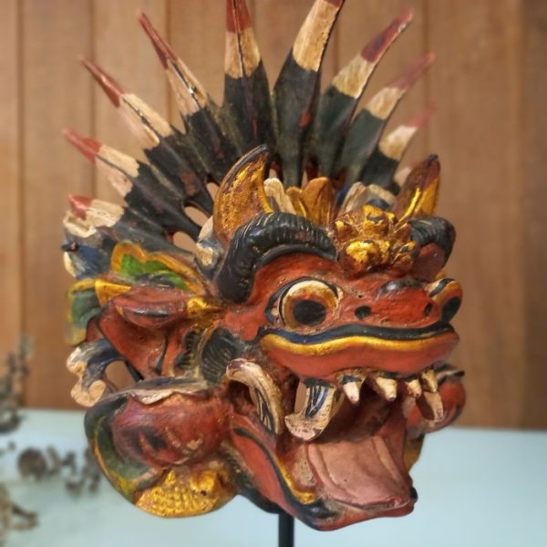 Barong Bali Mask Statue 32cm Hand-Carved Wooden Mask with Iron Stand – Feng Shui Protector Decor - Image 2