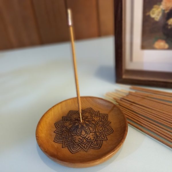 Mandala Wooden Incense Stick Holder 12cm Teak Aromatherapy Plate – Handmade in Bali - Image 7