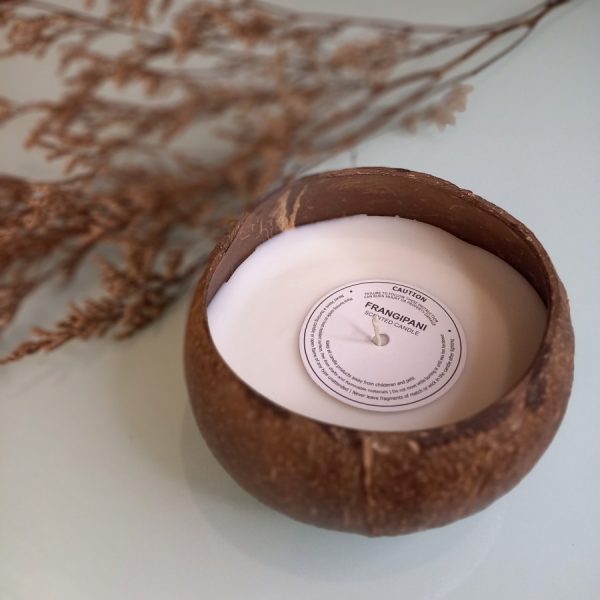 Frangipani Scented Candle in Natural Coconut Shell – Handmade Aromatherapy Candle - Image 4