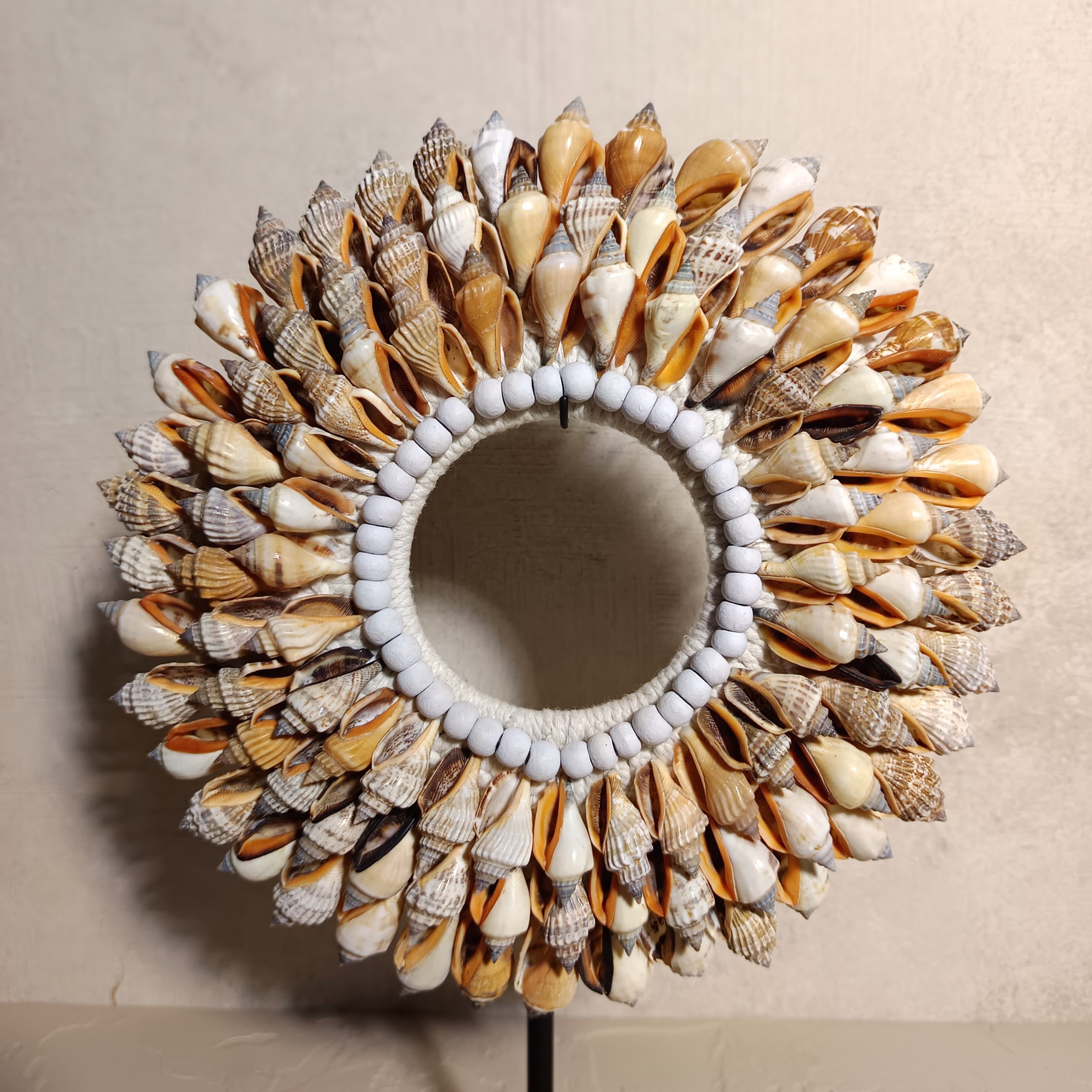 Papuan Shell Necklace Display – Handmade Bali Table Decor with Iron Stand - Image 4