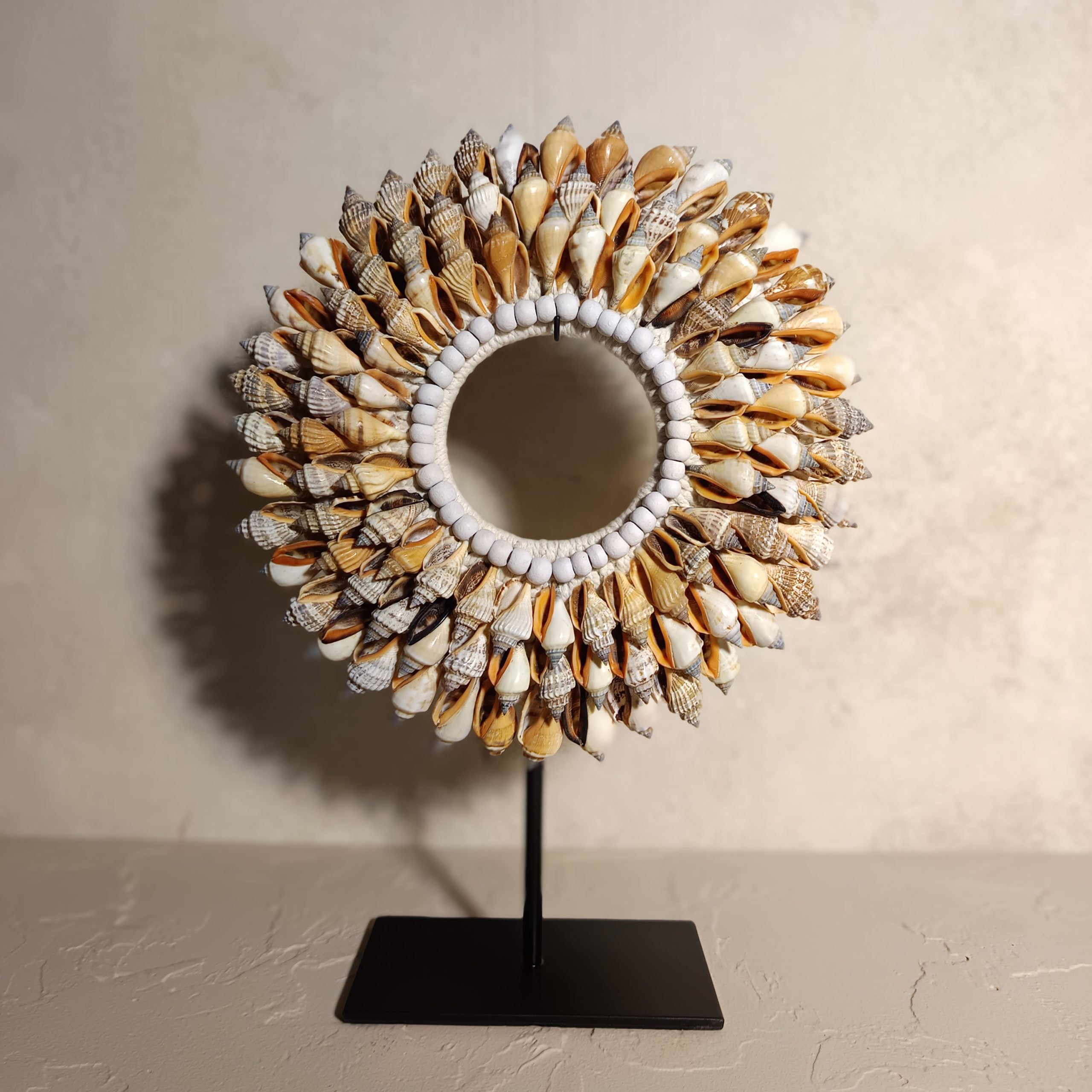 Papuan Shell Necklace Display – Handmade Bali Table Decor with Iron Stand - Image 3