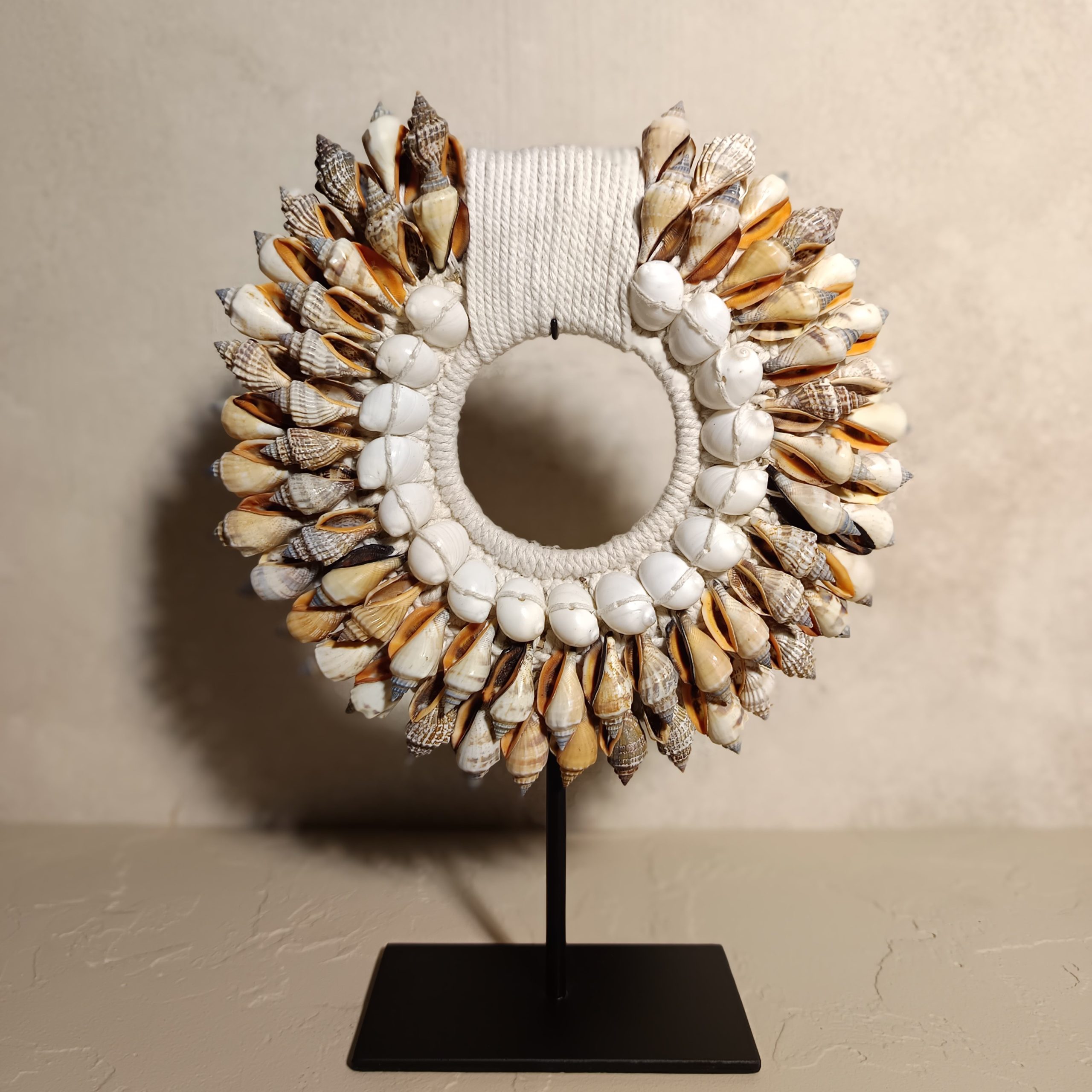 Papuan Shell Necklace Display on Iron Stand – Handmade Bali Table Decoration