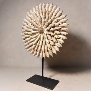 Handmade Bali Shell Panel Home Decor with Cotton Thread on Black Iron Stand