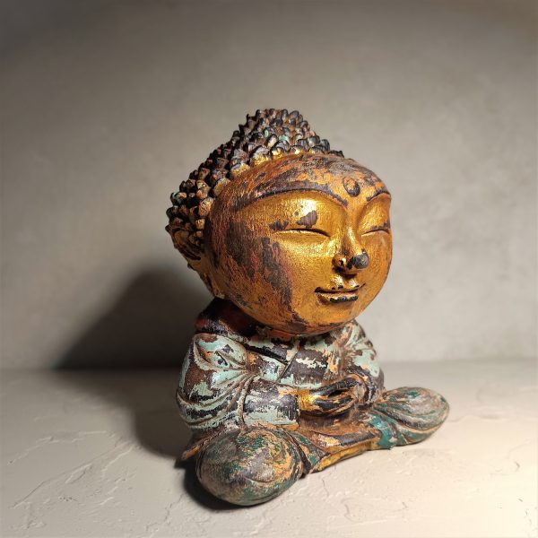 Mini antique Buddha wood statue in meditation pose – handmade Balinese decor
