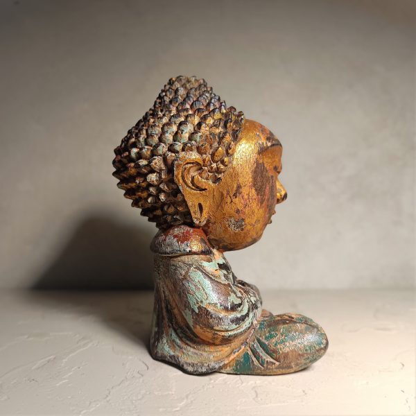 Mini antique Buddha wood statue in meditation pose – handmade Balinese decor