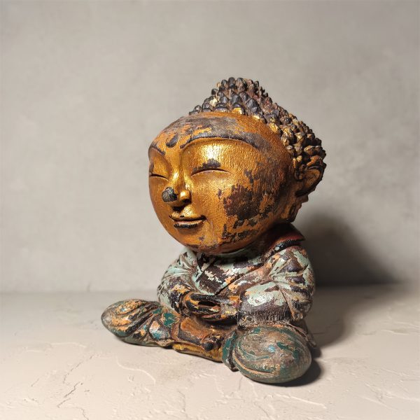 Mini antique Buddha wood statue in meditation pose – handmade Balinese decor