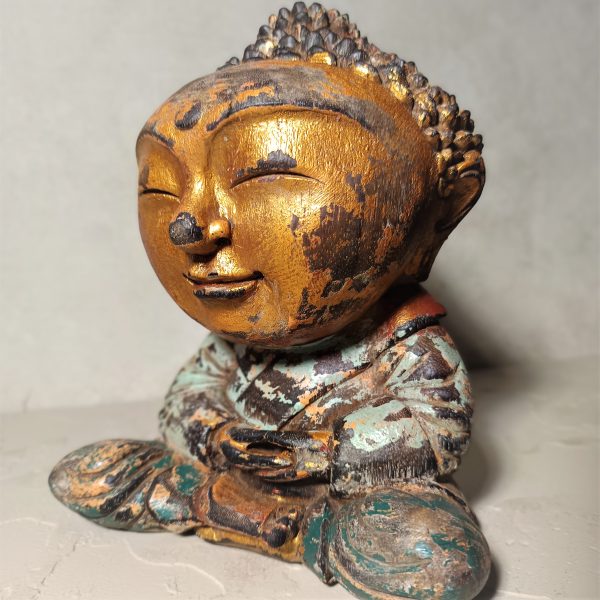 Mini antique Buddha wood statue in meditation pose – handmade Balinese decor