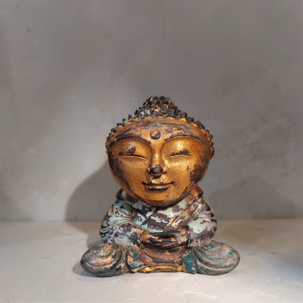Mini antique Buddha wood statue in meditation pose – handmade Balinese decor