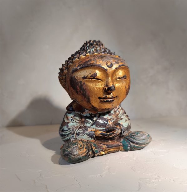 Mini antique Buddha wood statue in meditation pose – handmade Balinese decor