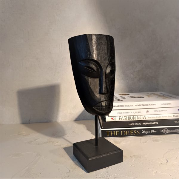 Black Wood Ethnic Mask Statue – Boho African Style Table Decor from Bali - Image 3