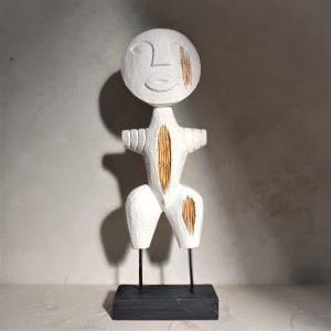 Abstract white wood figurine with rustic finish – handmade Bali primitive art decor