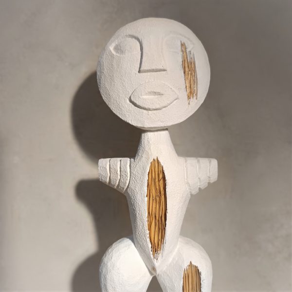 Abstract white wood figurine with rustic finish – handmade Bali primitive art decor